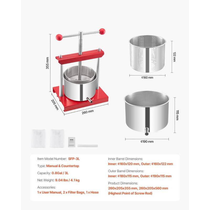 0.8-Gallon Manual Press Stainless Steel Fruit Press for Wine Making and Juice Extraction - 260x205x355 mm