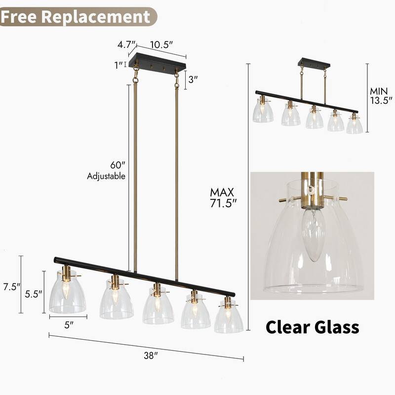 Modern 5-Light Black Gold Chandelier Linear Glass Island Lights for Dining Room - 38" L x 5" W x 8" H