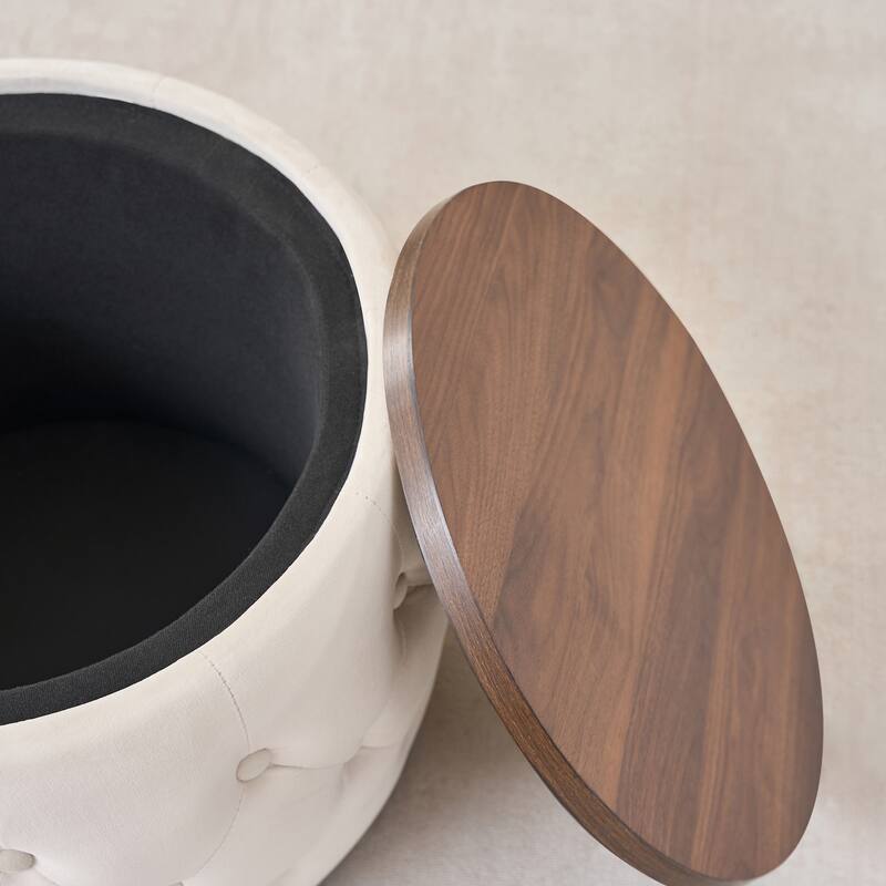 Luxurious Nesting Ottomans of 2, Round Storage Foot Stool with Wood Tray