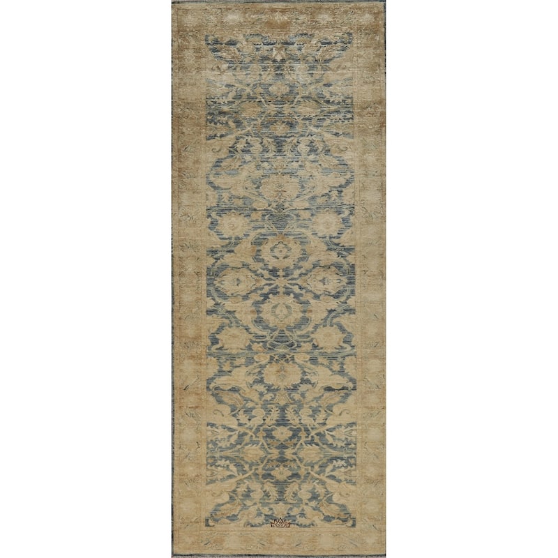 Blue Oushak Turkish Runner Rug Handmade Vegetable Dye Wool Carpet - 3'0"x 10'0"