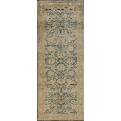 Blue Oushak Turkish Runner Rug Handmade Vegetable Dye Wool Carpet - 3'0"x 10'0"