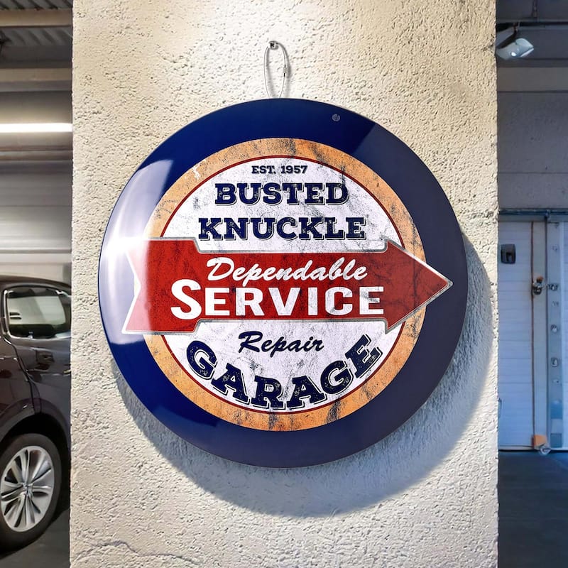 American Art Decor Round Dome Metal Sign - 15" x 15" - Busted Knuckle Repair Metal Dome