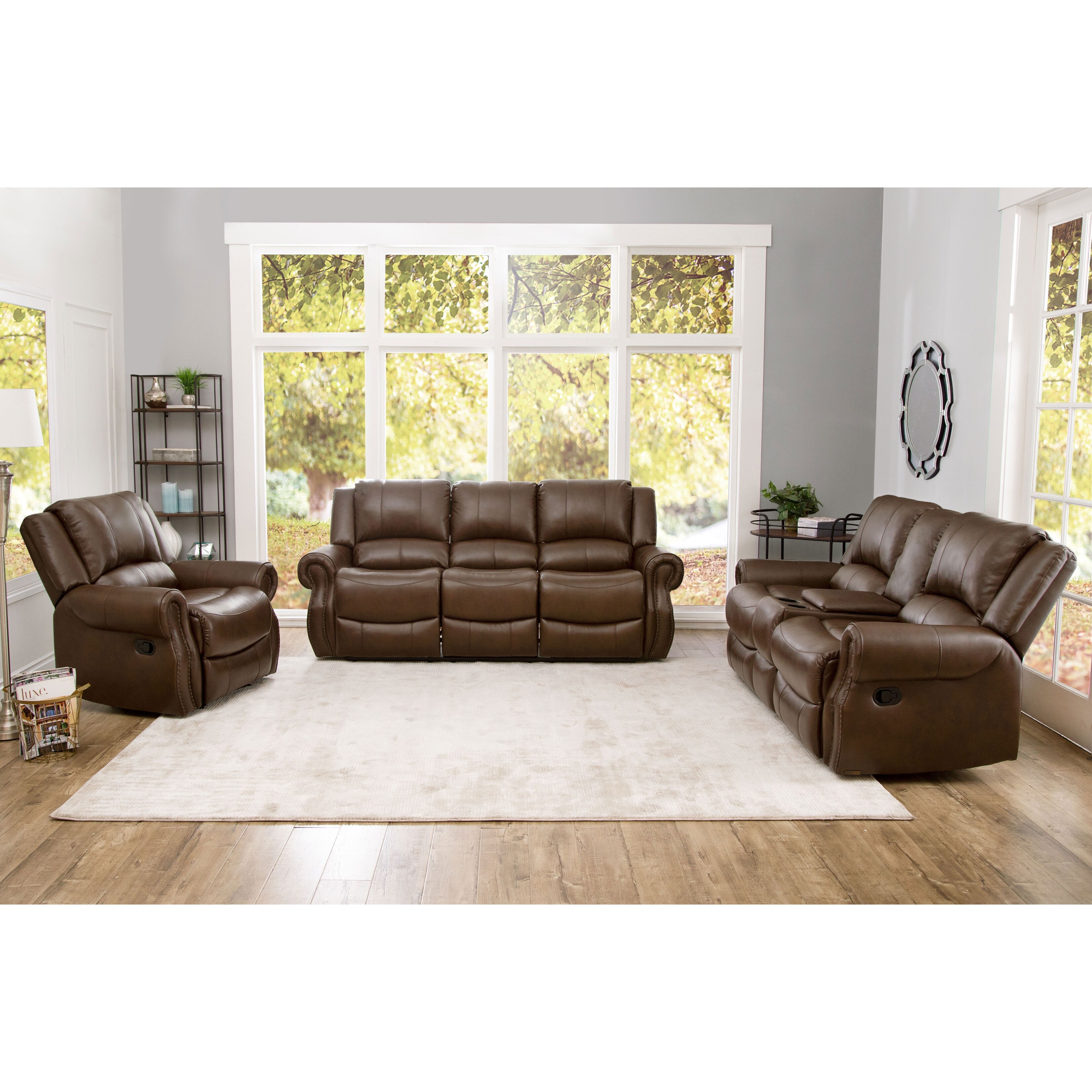 Abbyson Calabasas Mesa Brown Leather 3 Piece Reclining Living Room Set Overstock 10555965