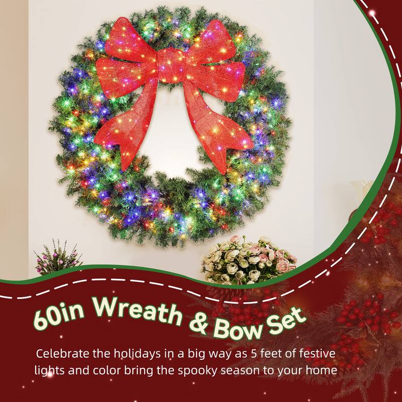 HOMCOM 60in Pre-Lit Wreath: 300 LED, 11 Modes, Remote, 3D Bow, 996 Tips, Indoor/Outdoor