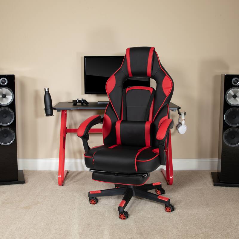Gaming Bundle-Cup/Headphone Desk & Reclining Footrest Chair - Red