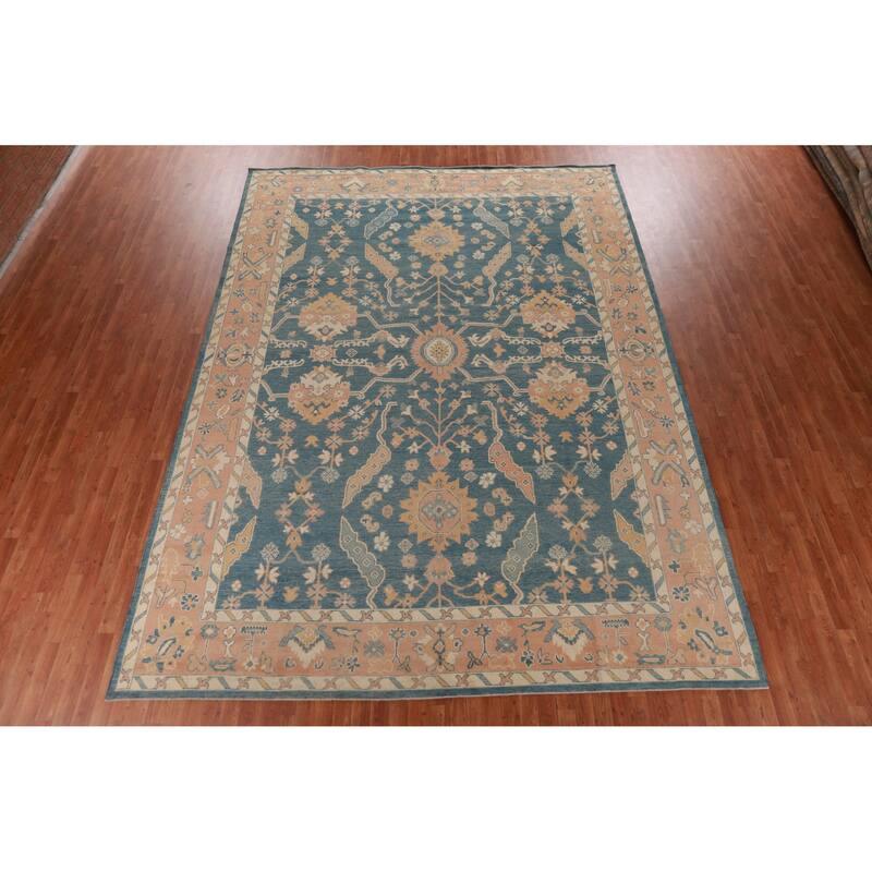 Hand Knotted Oriental 100% Wool Carpet Transitional All-Over Navy Blue & Blues Oushak Area Rug - 13' 10'' X 10' 1''