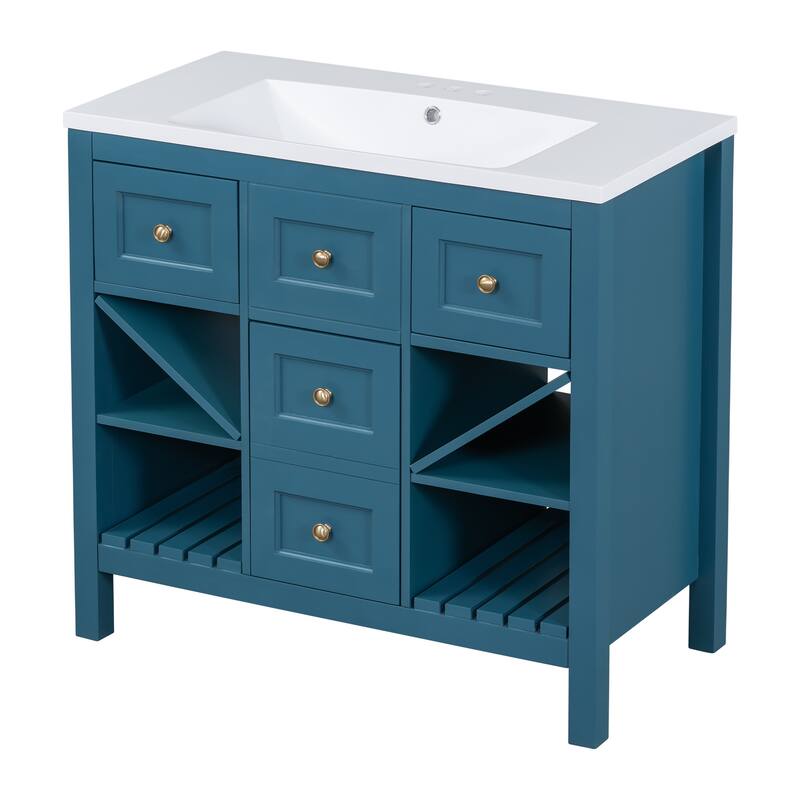 36" Bathroom Vanity with Resin Sink, 5 Drawers, Soft-Closing Doors, and Ample Storage - Freestanding Cabinet in Blue