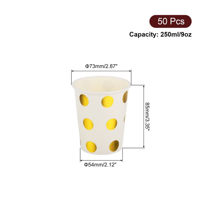 50 Pcs Disposable Paper Cups, 9 OZ Party Decorative Cups for Coffee - Gold Dots