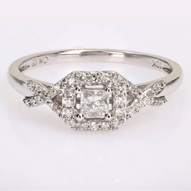 Miadora 10k White Gold 1/3ct TDW Diamond Halo Crossover Engagement Ring