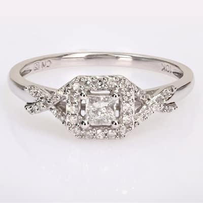 Miadora 10k White Gold 1/3ct TDW Diamond Halo Crossover Engagement Ring