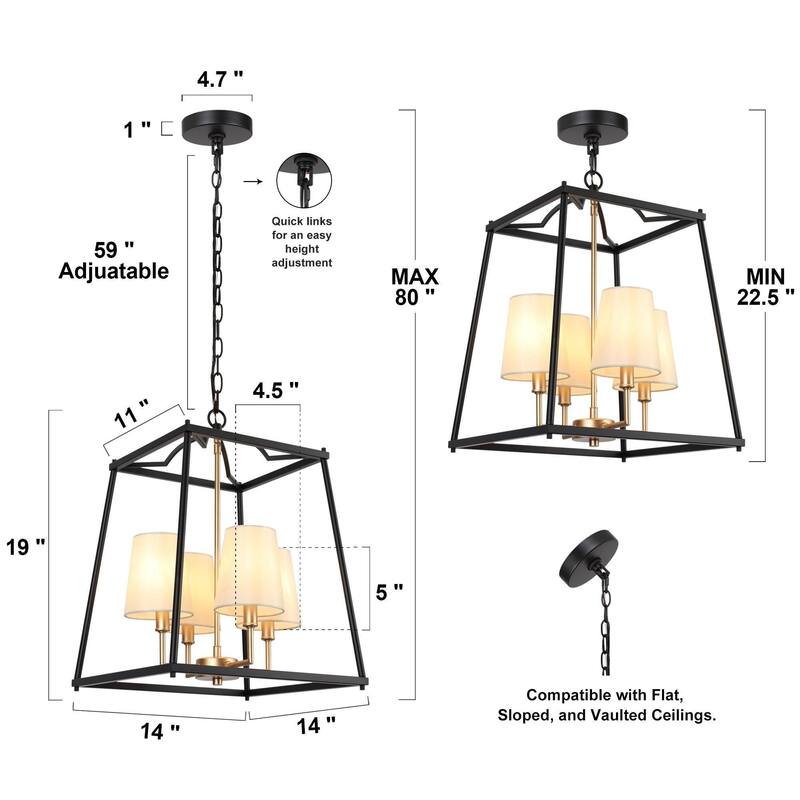 Modern Farmhouse 4-Light Black Gold Geometric Chandelier Metal Pendant Lights with Fabric Shades - 14 "