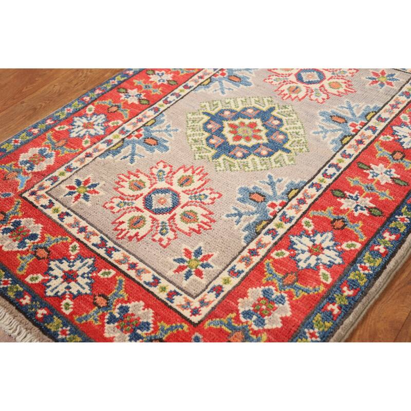 Hand Knotted Oriental 100% Wool Carpet Traditional Geometric Greys & Charcoal Kazak Area Rug - 3' 0'' X 2' 0''
