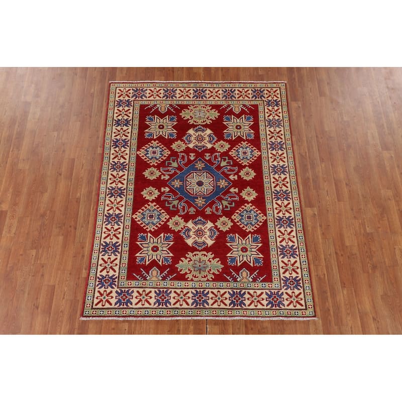 Red Geometric Kazak Oriental Area Rug Handmade Traditional Wool Carpet - 4'11" x 6'6"