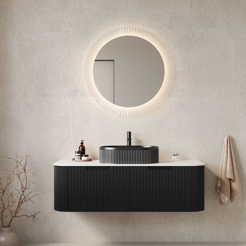 48" Bathroom Vanity with Sink, Modern Wall-Mounted Bathroom Storage Cabinet with 2 Drawers, Ceramic Vessel Basin without Faucet - Black,Carrara White