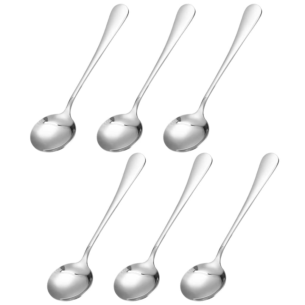 6Pcs 7.3" Stainless Steel Soup Spoon Tea Spoons Round Dinner Spoons - Silver