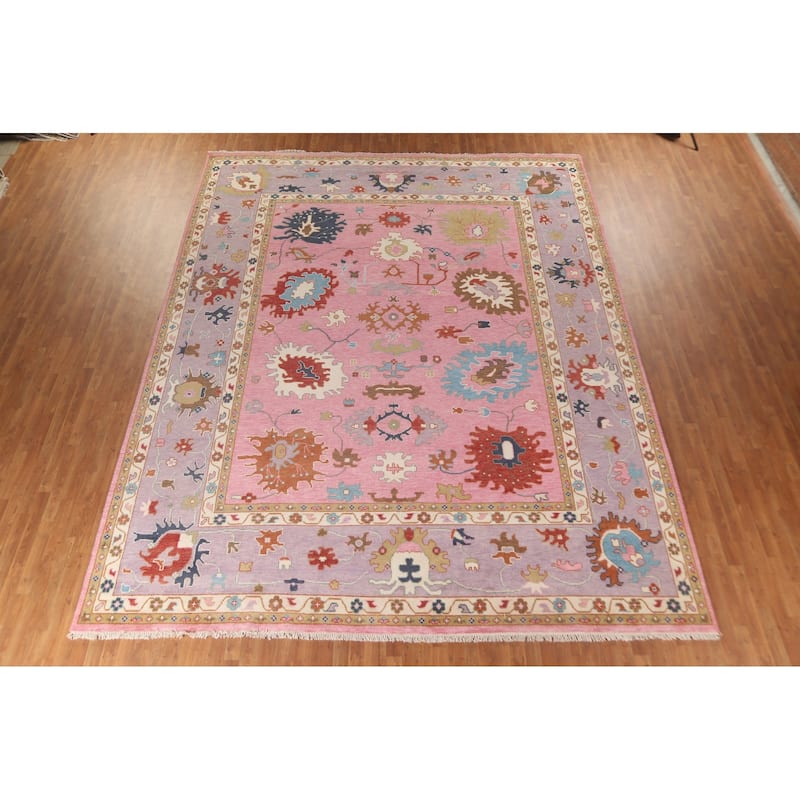 Pink Floral Oushak Oriental Large Area Rug Hand-Knotted Wool Carpet - 11'9" x 14'8"