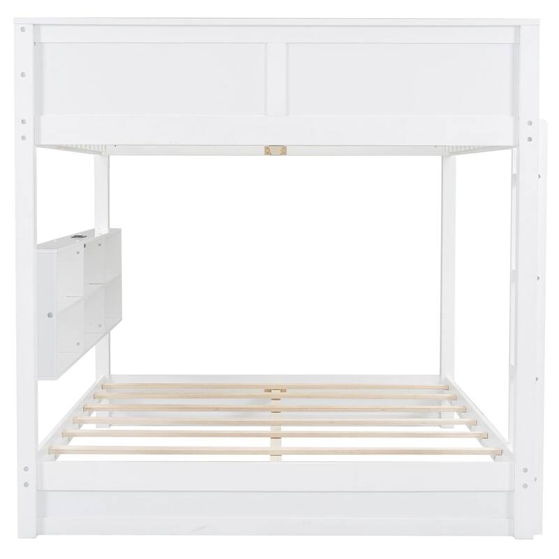 Wood Queen Bunk Bed with Storage Cabinets and USB Ports
