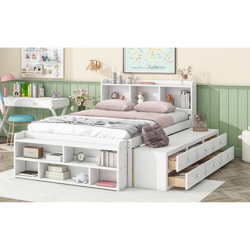 Roomfitters Full Bed with Bookcase Headboard, Underbed Storage System and Foot-End Storage Unit