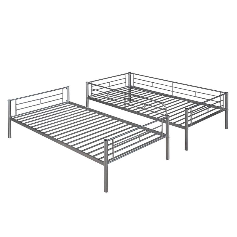 Silver Twin Over Twin Metal Bunk Bed with Safety Guardrails & Space-Saving Design