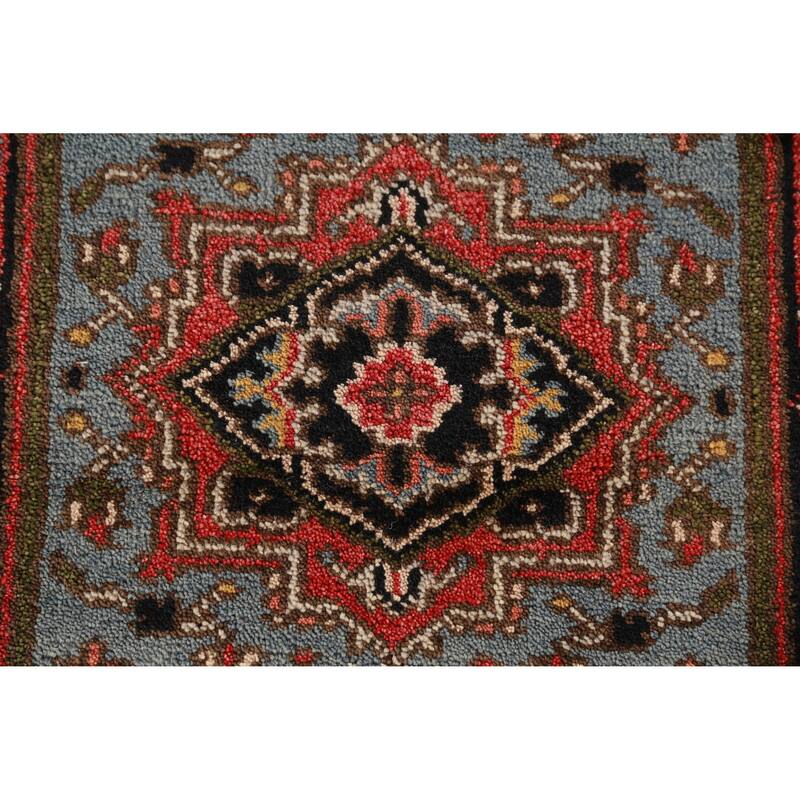 Hand Knotted Oriental 100% Wool Carpet Traditional Geometric Navy Blue & Blues Heriz (serapi) Runner Rug - 7' 11'' X 2' 7''
