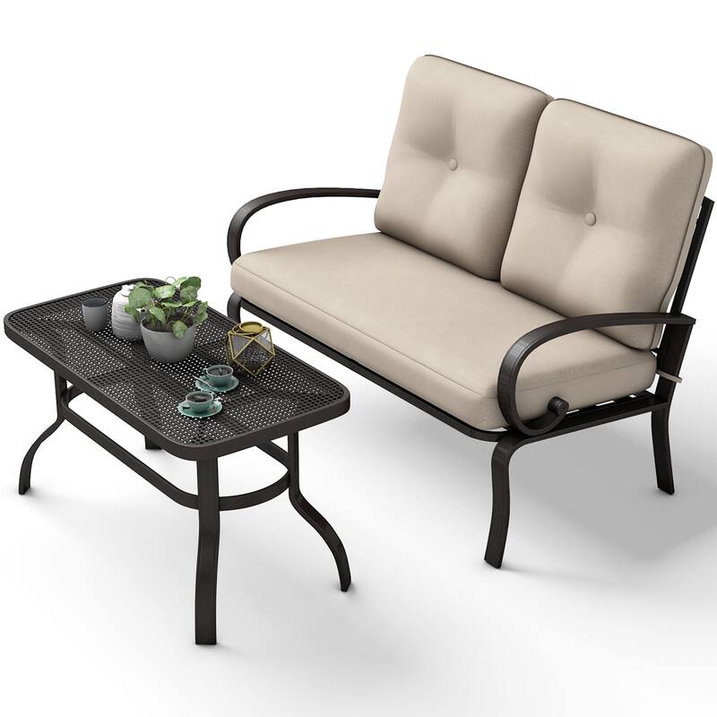 2PCS Patio Furniture Set with Loveseat Bench and Coffee Table - Brown+Beige