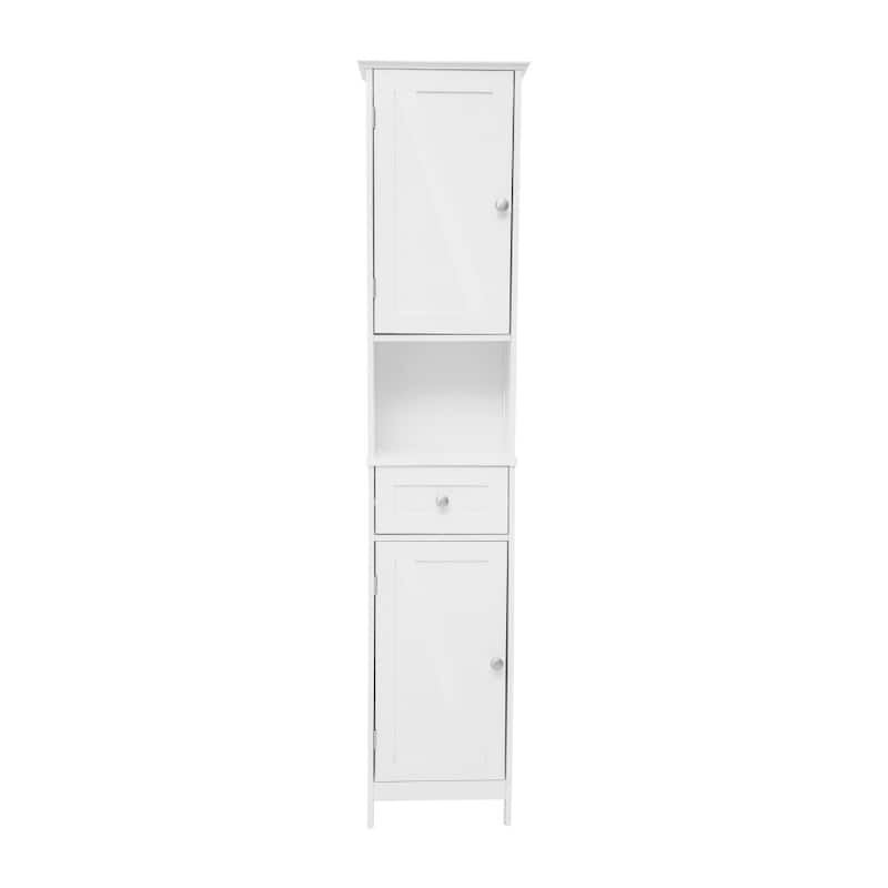 Farmhouse Freestanding Linen Tower with Shelves, Drawer, and Doors