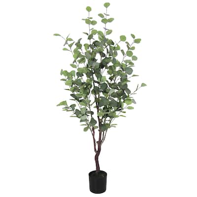 4.5ft Frosted Green Artificial Silver Dollar Eucalyptus Tree Plant in Black Pot - 54" H x 25" W x 25" DP
