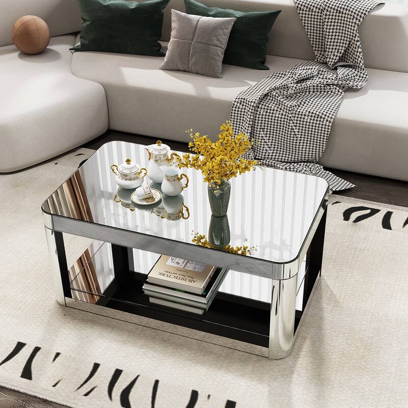 Modern Rectangular Center Table Floor-standing Mirrored Coffee Table Glam Silver Accent Table with Curved Edge and Open Shelf