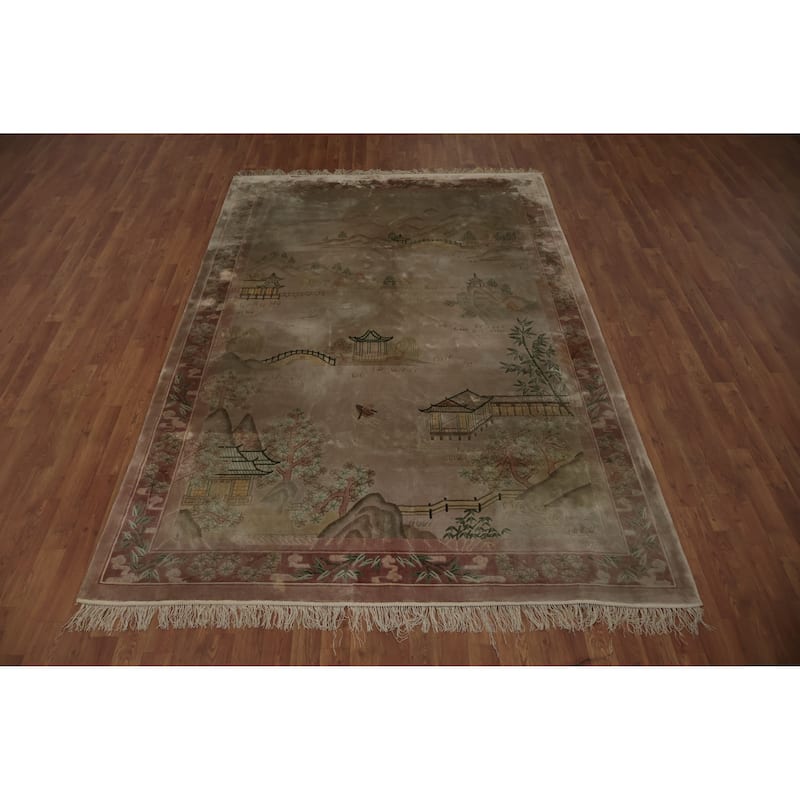 Hand Knotted Oriental Silk Carpet Traditional Pictorial Brown Art Deco Area Rug - 9' 2'' X 6' 0''