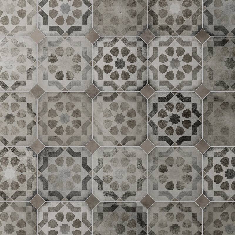 Merola Tile Laverton Octagon Deco Sombra with Grafito 7-7/8" x 7-7/8" Porcelain Floor and Wall Tile