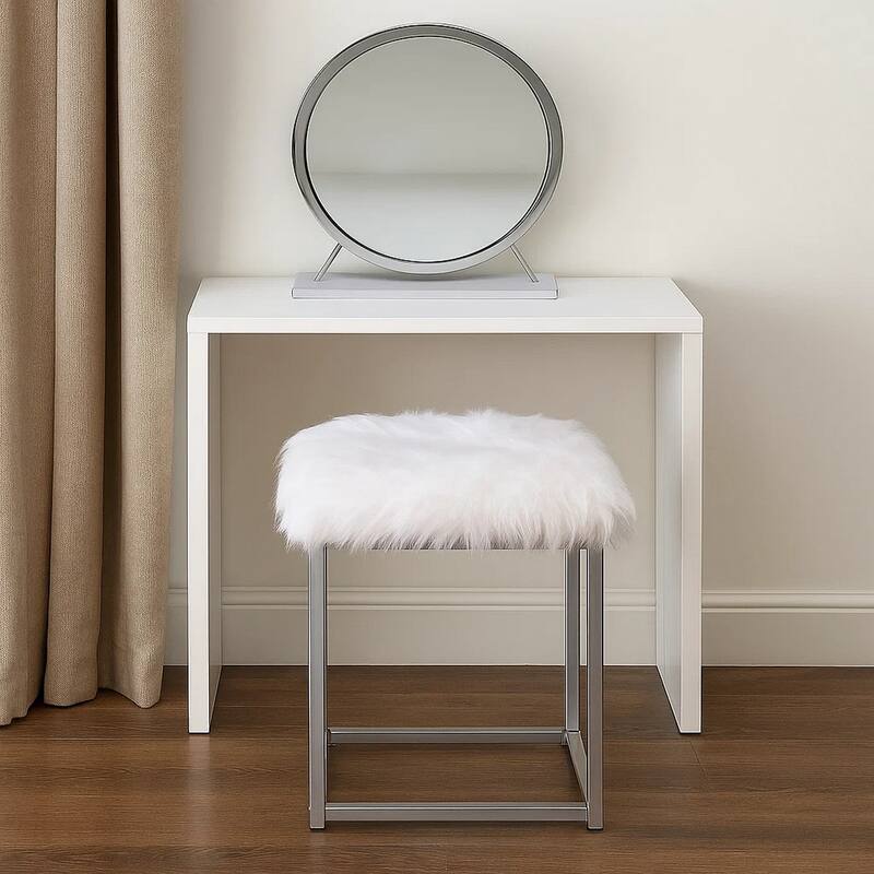 Rose Round Vanity Mirror with Stool, Faux Fur Seat, Gray, White
