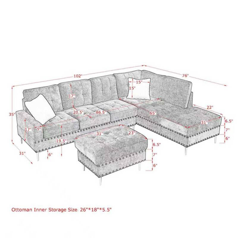 Roomfitters Sectional 3-Seater Sofa with Chaise, Storage Ottoman, Metal Legs, Nailhead Trim and Two Pillows