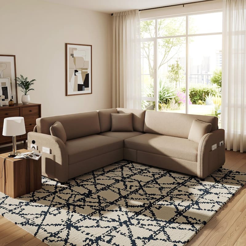 Homy Casa 85"/115" L-Shaped Sectional Sofa Bed USB & Side Pocket, Teddy Fabric Pull-Out Sleeper, Reversible Chaise, Multi Colors