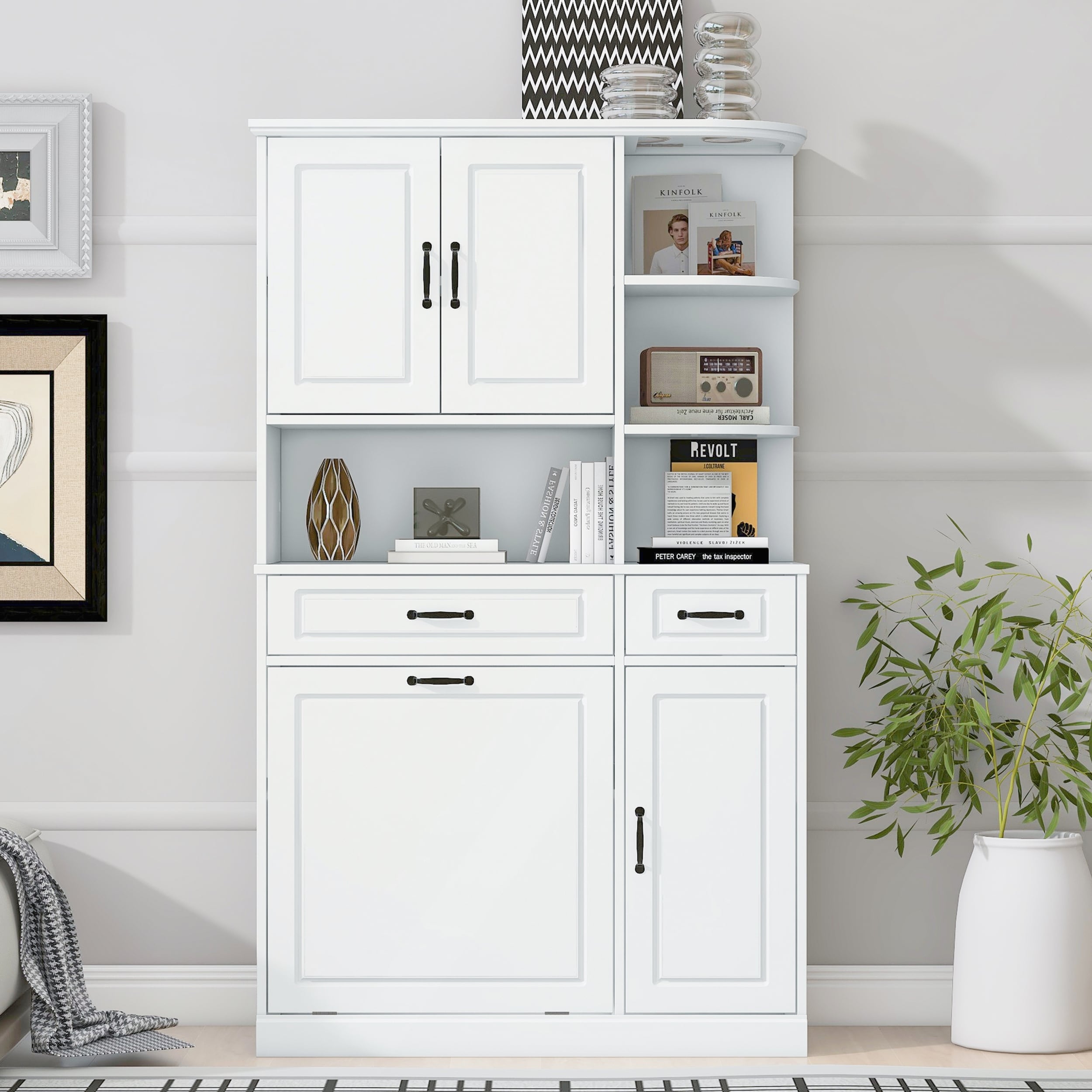 Tall Freestanding Storage Cabinet with Drawers, Doors, Adjustable Shelves, and Flip Drawer Design for Modern Organization