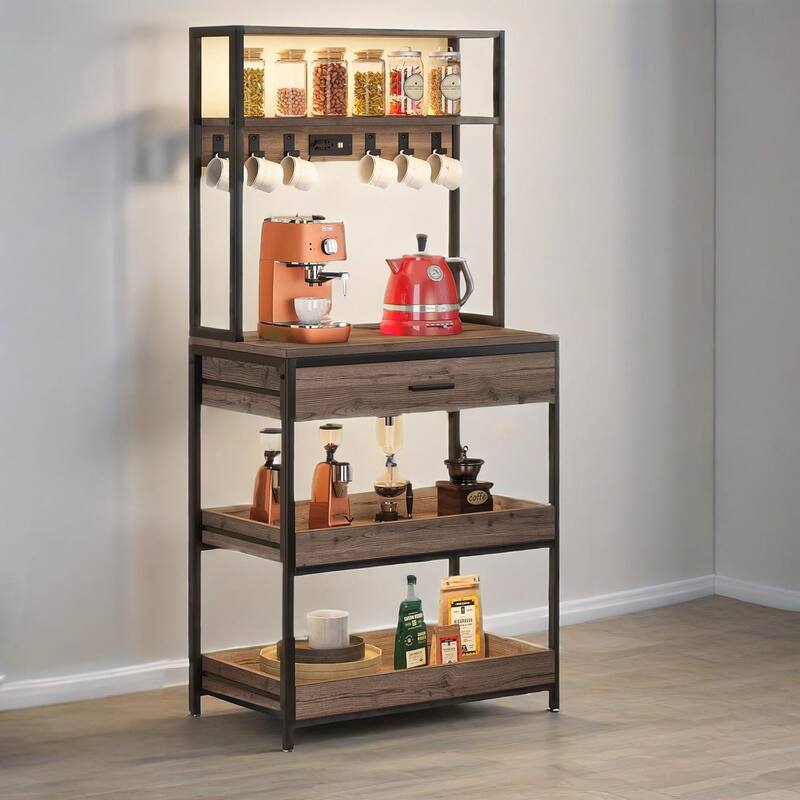 5-Tier Kitchen Bakers Rack with Power Outlets USB Ports, Metal Frame & Particleboard Shelves, Pull-Out Drawer