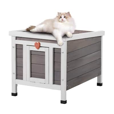 Grey Wooden Outdoor Cat House with Asphalt Openable Roof and Removable PVC Door - 21” x 17’ x 17”