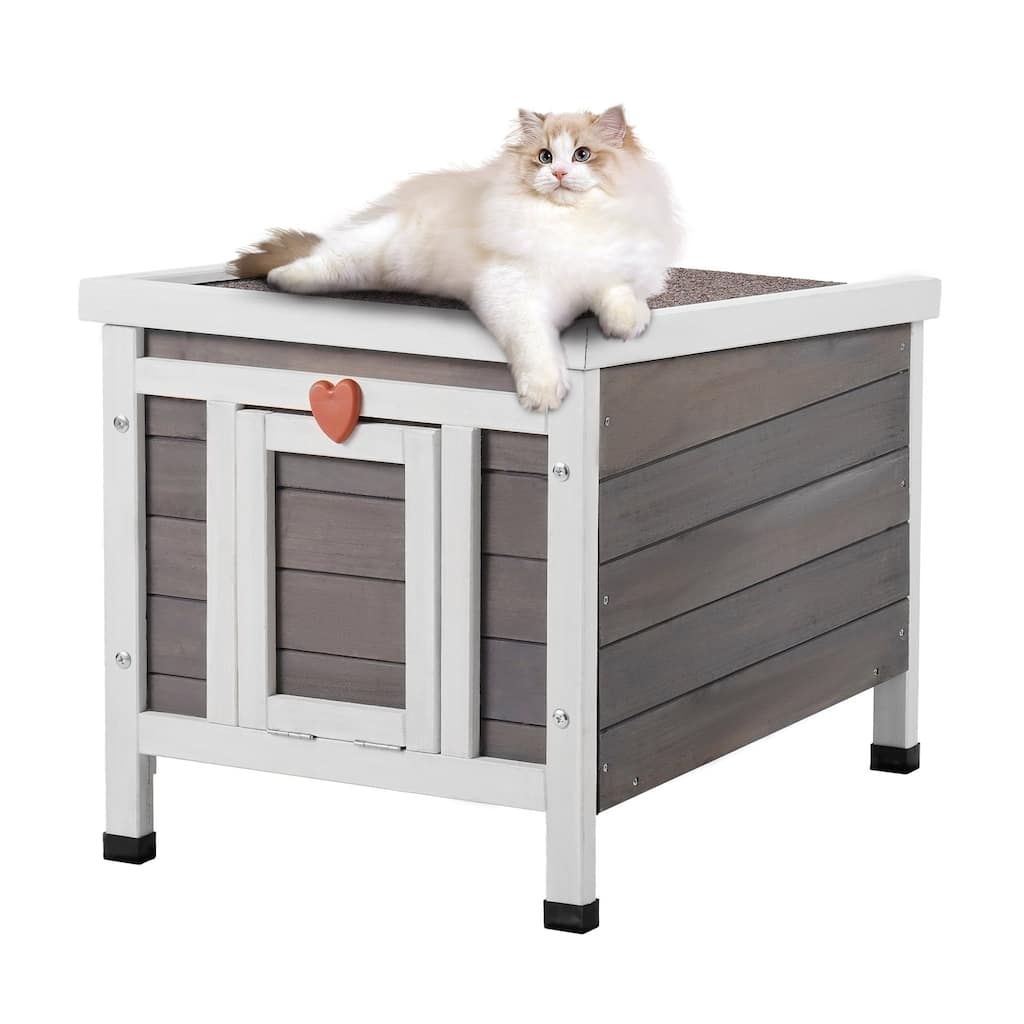 Grey Wooden Outdoor Cat House with Asphalt Openable Roof and Removable PVC Door - 21” x 17’ x 17”