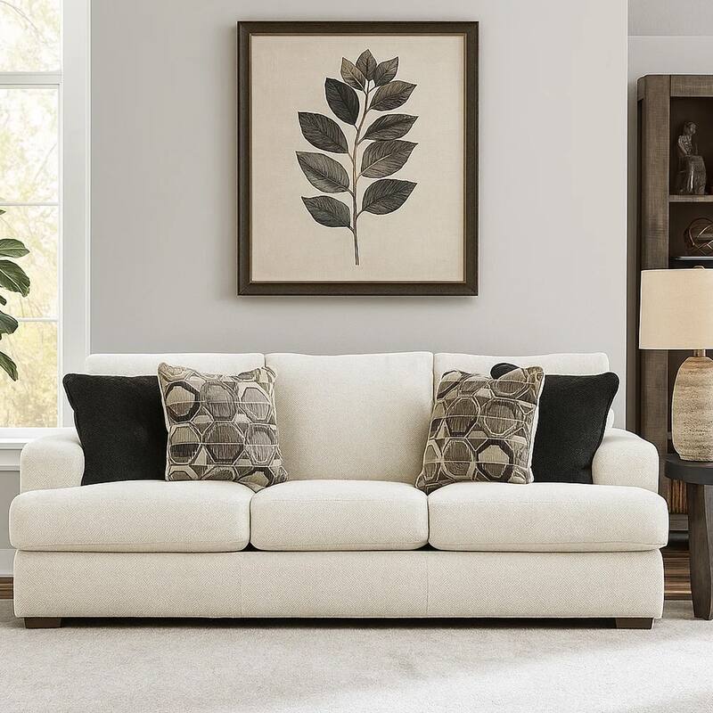 Henly 96 Inch Sofa, Oversized, 4 Accent Pillows, Soft White Polyester