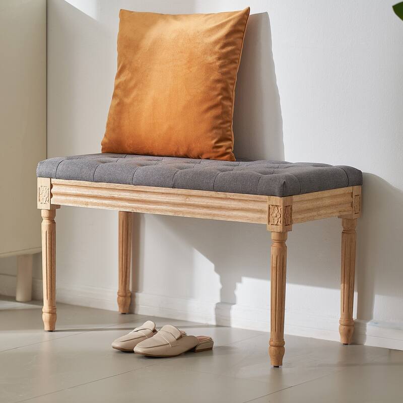 Upholstered Ottoman Bench with Tufted Cushion and Wood Legs - 31.5 x 15.75 x 18.89 inch