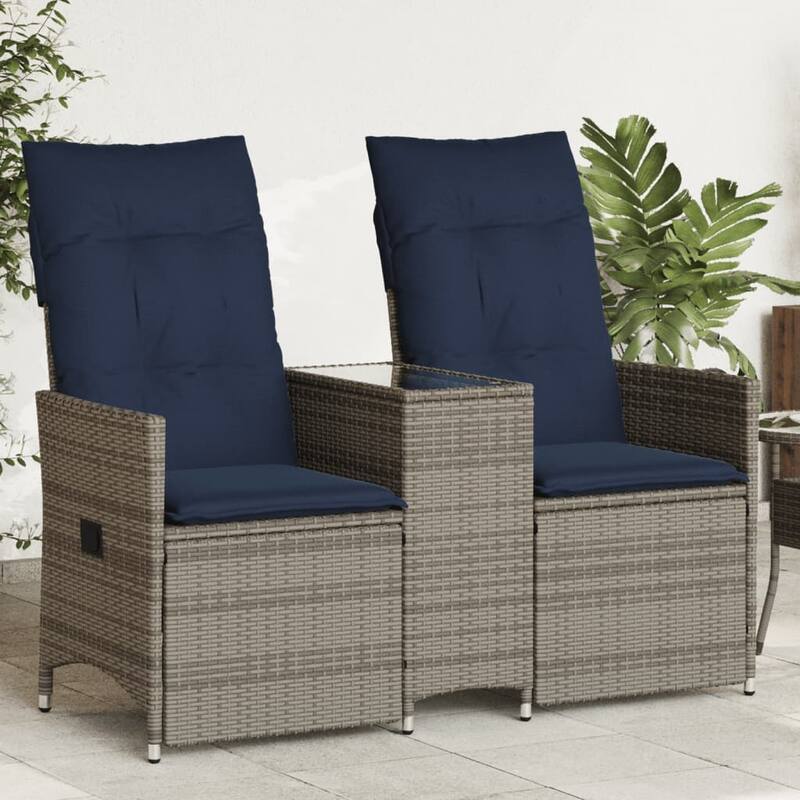 vidaXL Reclining Patio Sofa 2-Seater with Table Gray Poly Rattan - 51.2 x 23.2 x 36.2 - Without footrest