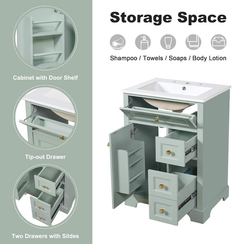 24" Bathroom Vanity with Sink, 3 Drawers and Cabinet with Door Storage Rack, MDF and Pine Wood, Modern Design