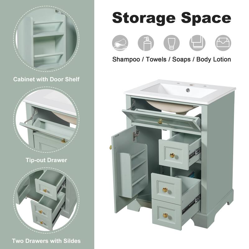 24" Bathroom Vanity with Sink - MDF & Pinewood, 3 Drawers & Cabinet with 2-Tier Door Rack, Soft-Close