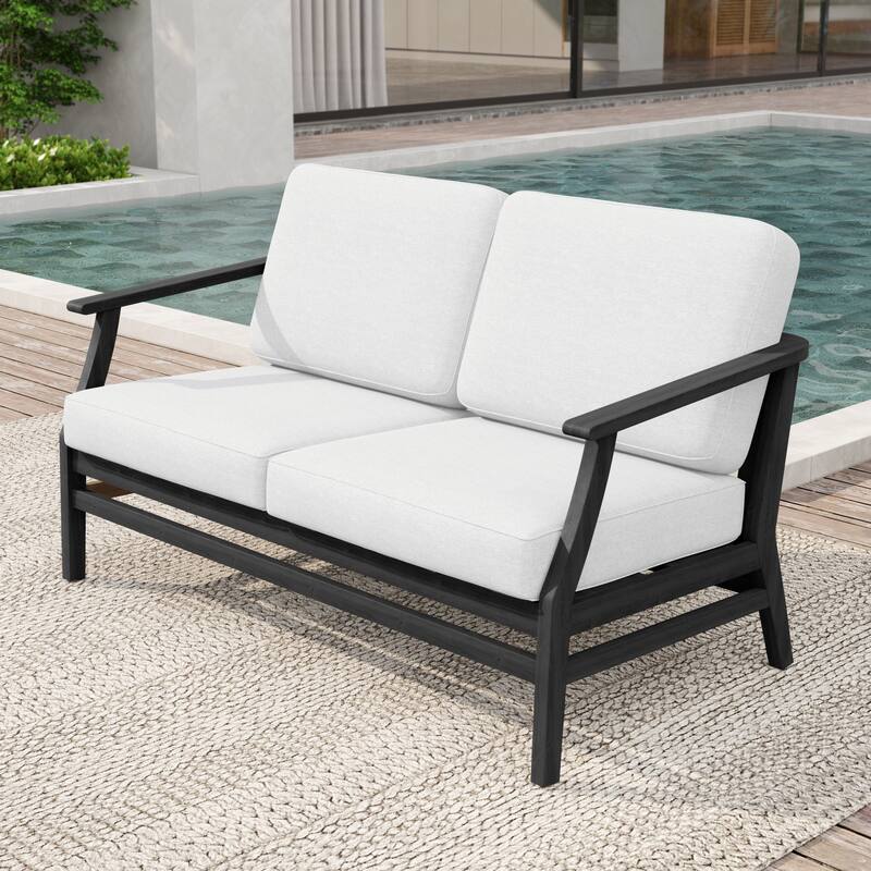 Patio Teak Wood Outdoor Loveseat Sofa with Cushions - Dark Wood - Beige