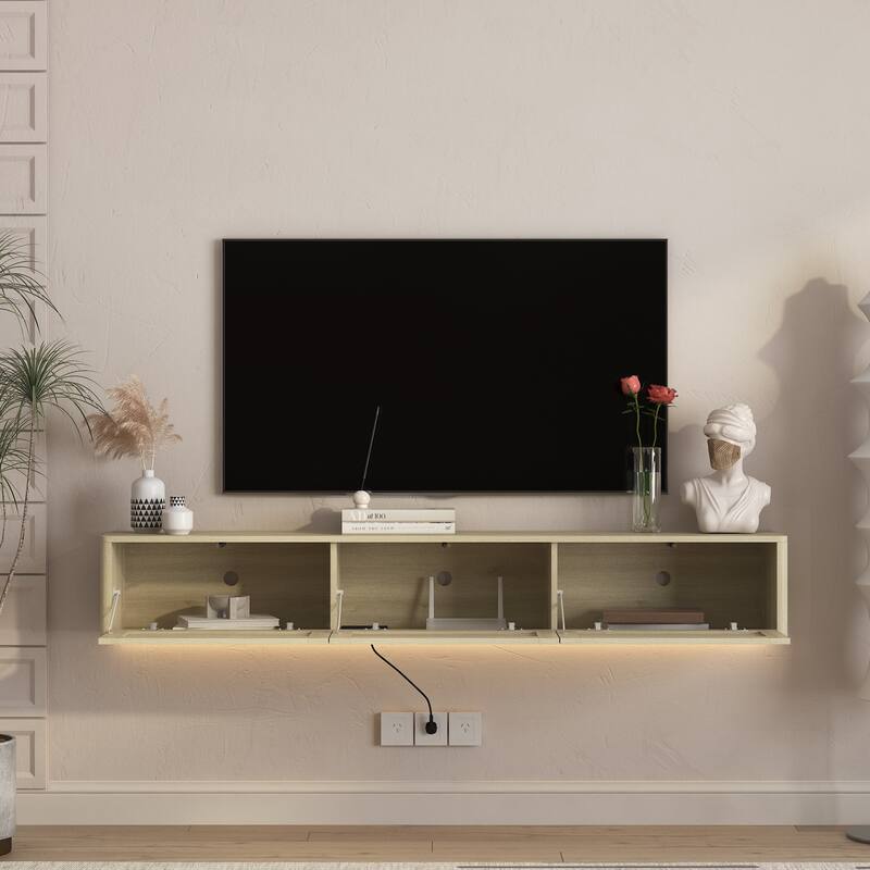 Floating LED TV Stand for Living Room, Wall Mounted TV Console Table with Power Outlet