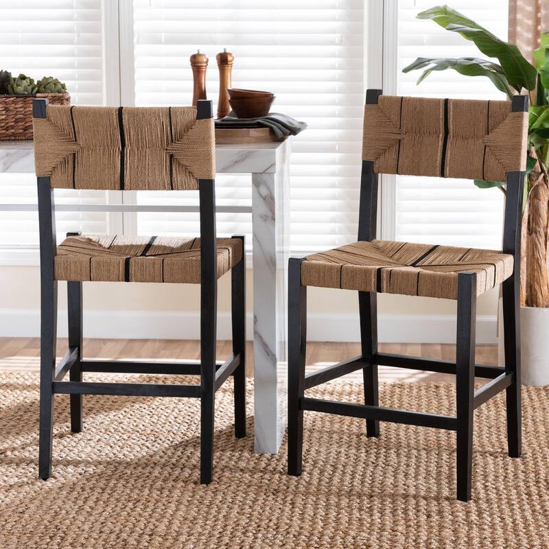 Prita Bohemian Paper Loom and Mahogany Wood 2-Piece Counter Stool Set