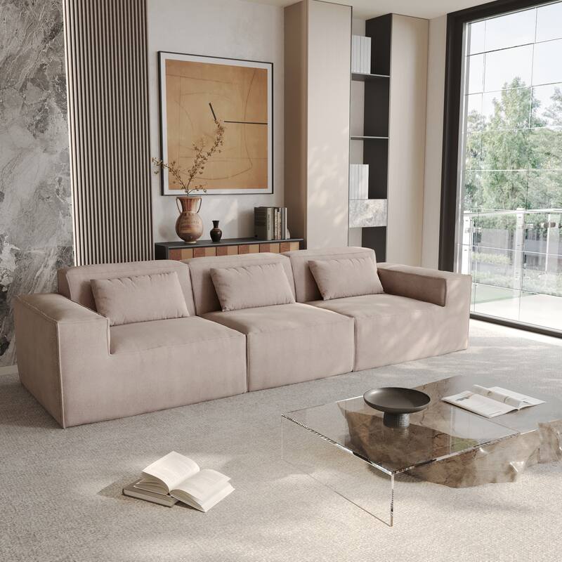 118" Modular Sofa Sectional Couch with Movable Fabric Cover & 3 Pillows, Comfy 3-Seater Corduroy Fabric Couch