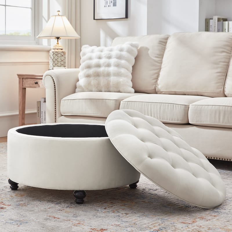 Tufted Large Round Storage Ottoman Footrest Beige/ Grey/ Blue