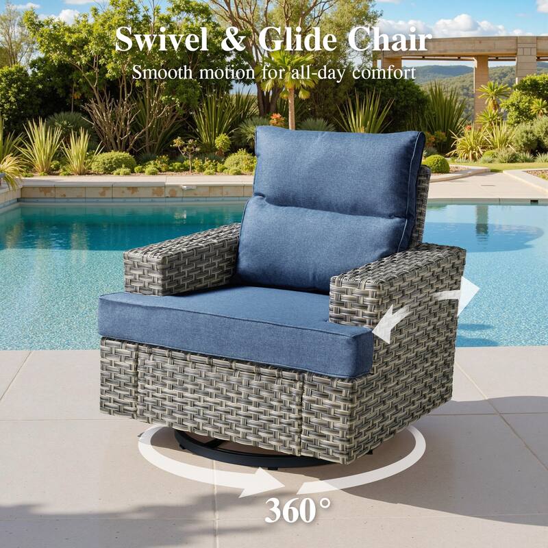 OVIOS 10 Pieces T shaped Seat Wide Armrest Swivel Chair Set With Solar-Powered Table&Fire Pit