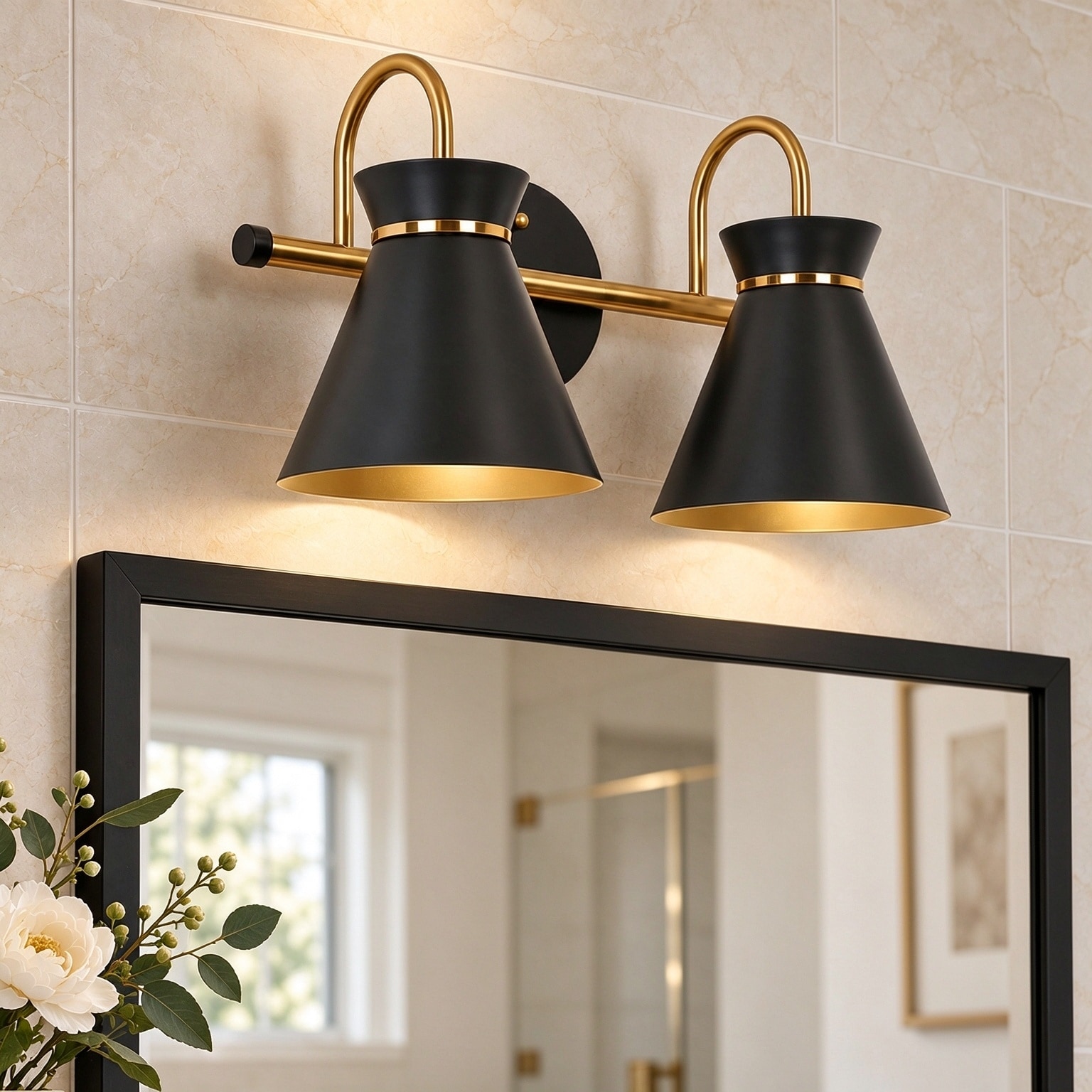 2-Light Modern Black Gold Bathroom Vanity Light Dimmable Metal Wall Sconce - 14.5" L x 7" W x 8.5" H