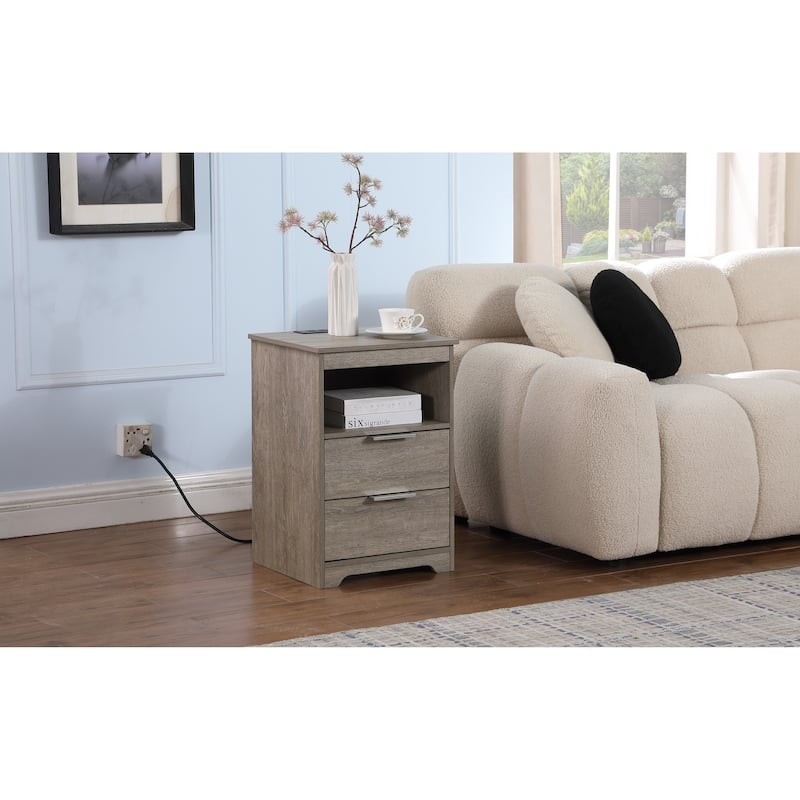 Nightstand with Charging Station,End Table with 2 Drawers,Wooden End Table with Drawer and Opening Shelf